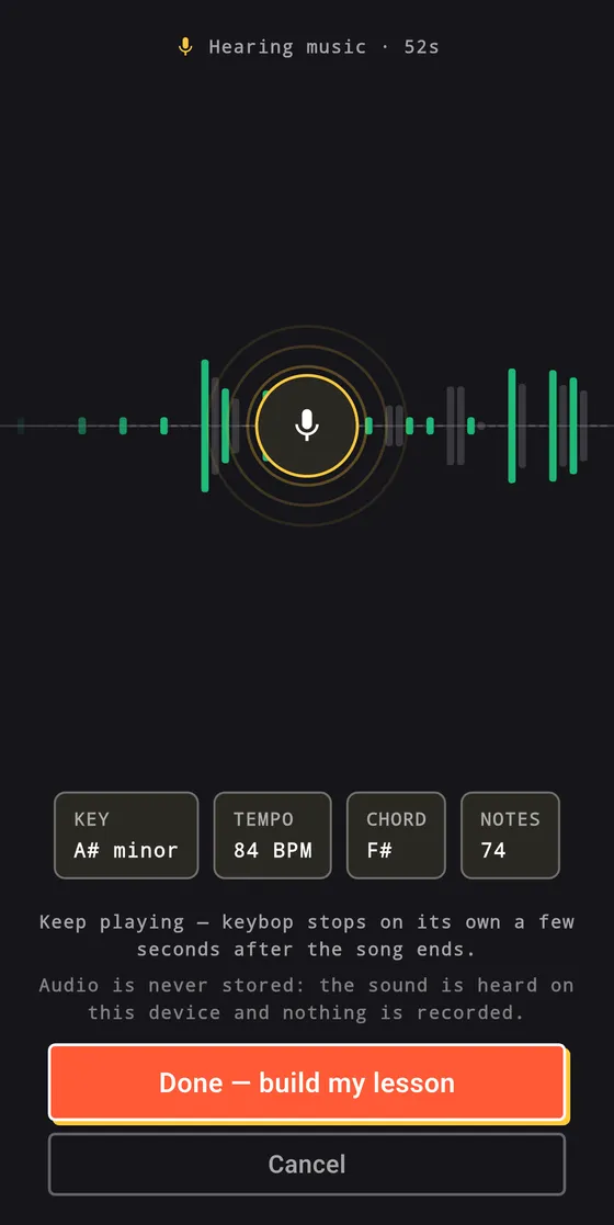 Keybop listening to a piano take: A sharp minor, 84 BPM, 74 notes heard so far