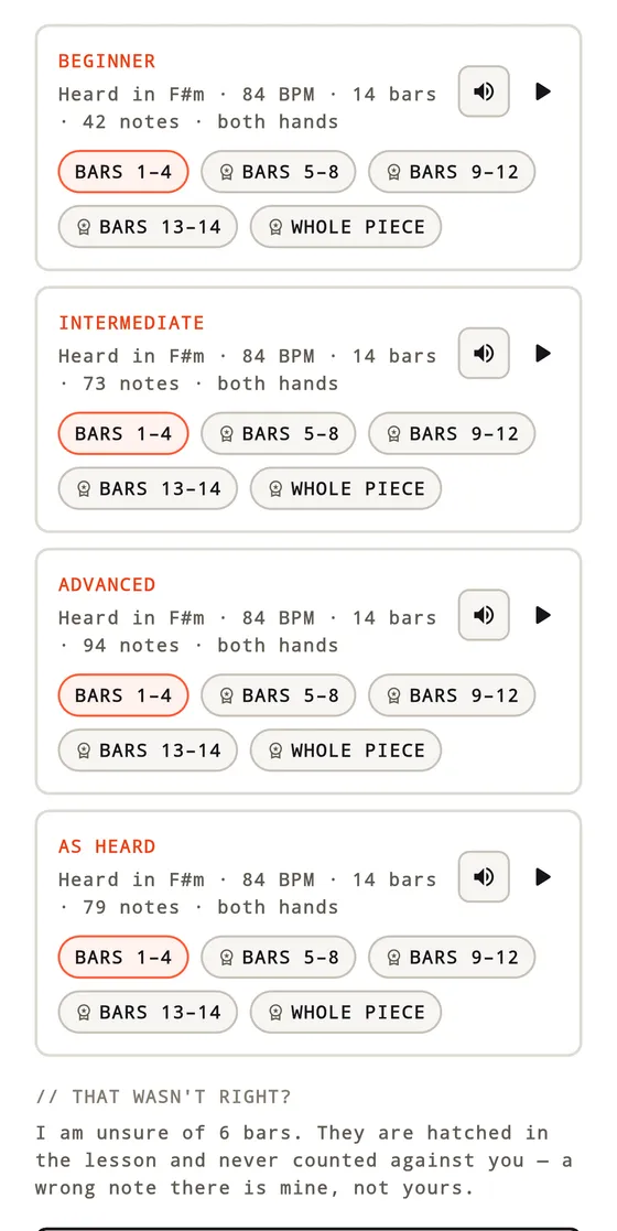 The lesson Keybop wrote: beginner, intermediate, advanced and as-heard arrangements, each split into bars