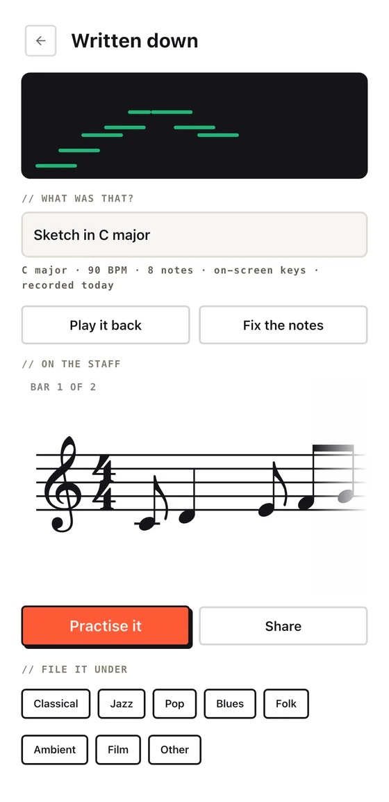 A composition called Sketch in C major written on the staff, with buttons to play it back, fix the notes, practise it and share it