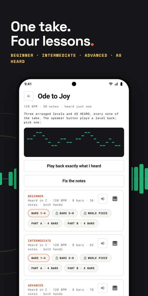 One take, four lessons: Ode to Joy written as beginner, intermediate, advanced and as-heard piano arrangements