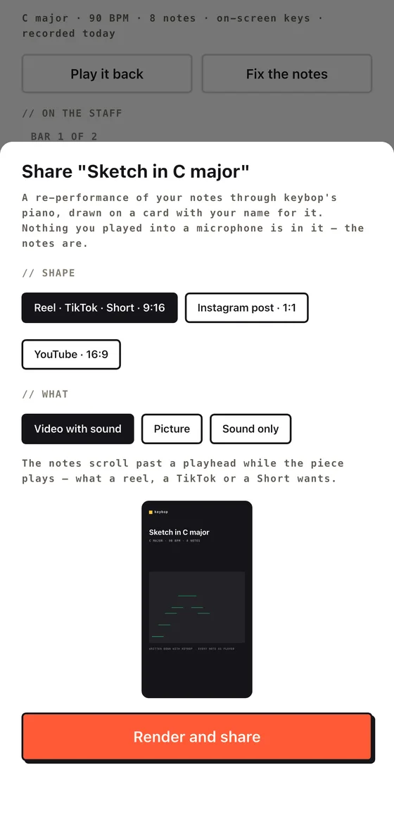 The share sheet: a composition exported as a video for Reels, TikTok and Shorts, an Instagram post or YouTube, with sound, as a picture, or sound only