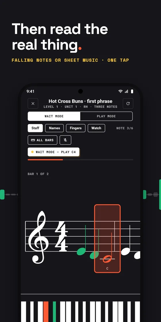 Then read the real thing: the same lesson as engraved sheet music with the next note highlighted