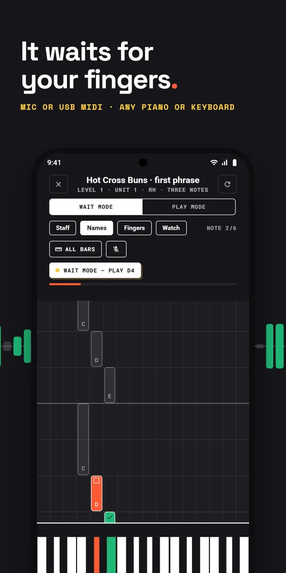 It waits for your fingers: wait mode with falling notes holding on the next key, D4